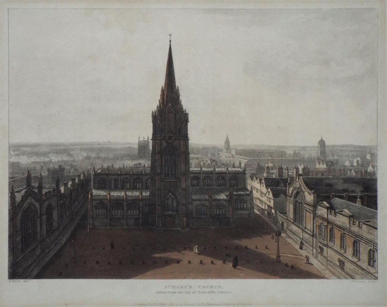Aquatint - St. Mary's Church, taken from the top of Radcliffe Library. - Lewis